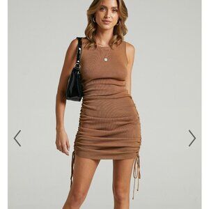 Lioness Brown Kknit Ruched Mini Dress Size XS
